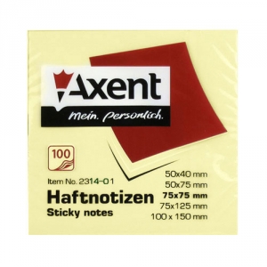 Блок бумаги Axent с липким слоем  75x75мм, 100л, пастель, желтый